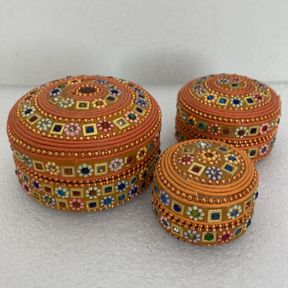Beautiful Set of handmade ORANGE & GOLD jewelry boxes from steel & beadwork